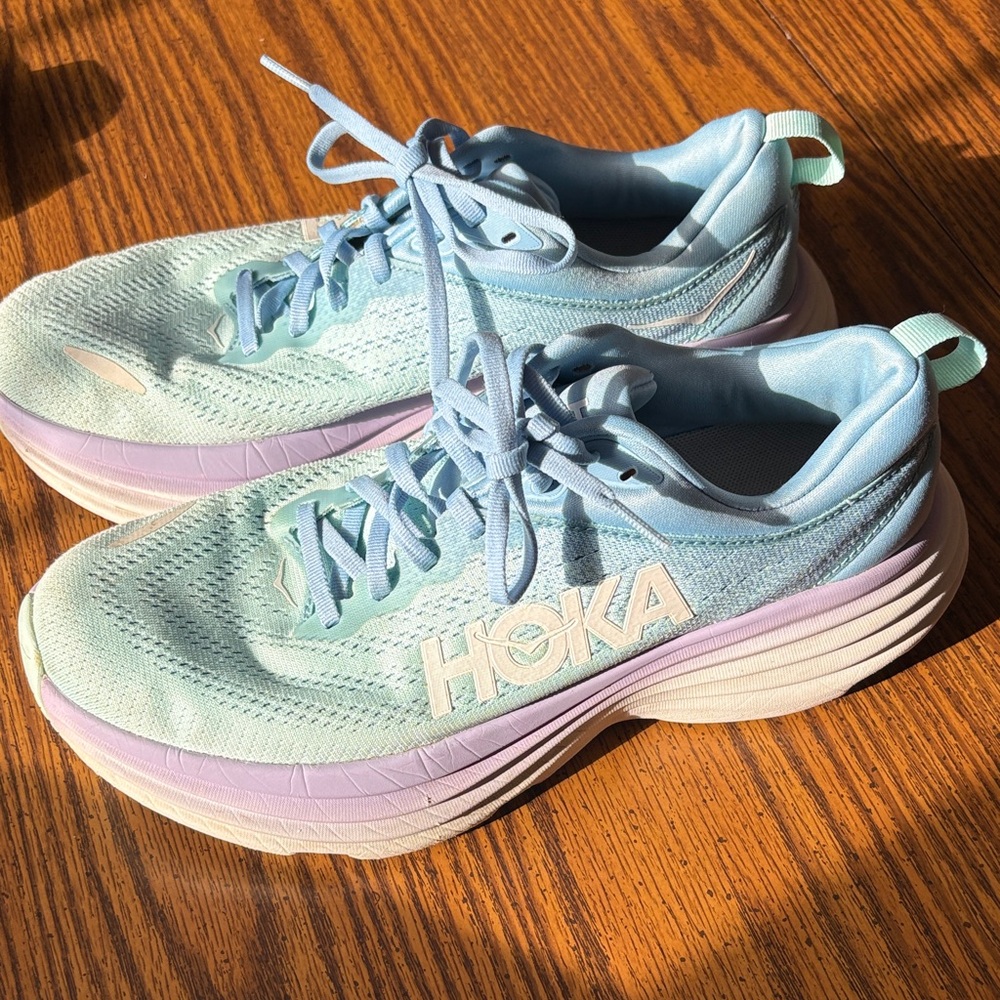 Hoka Bondi 8 Sky Blue and Lavender Sneakers